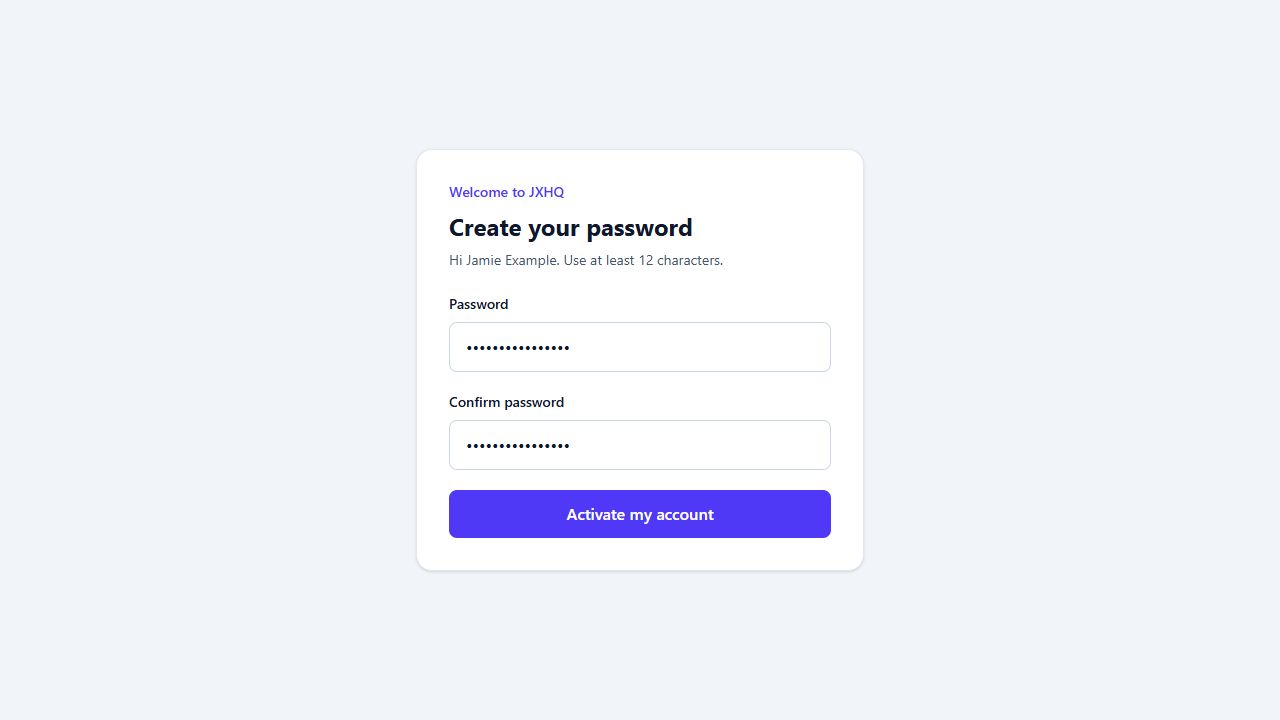Password setup screen for a JXHQ client invitation