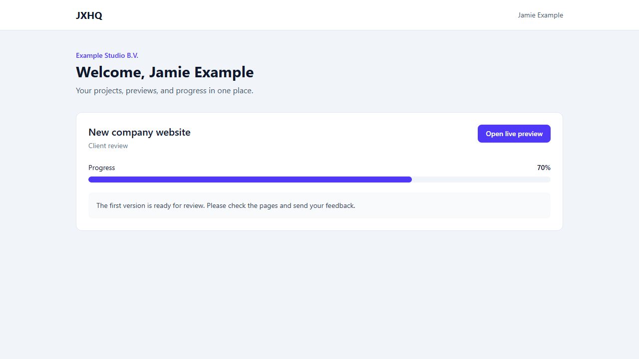 Example JXHQ client dashboard with a demonstration project