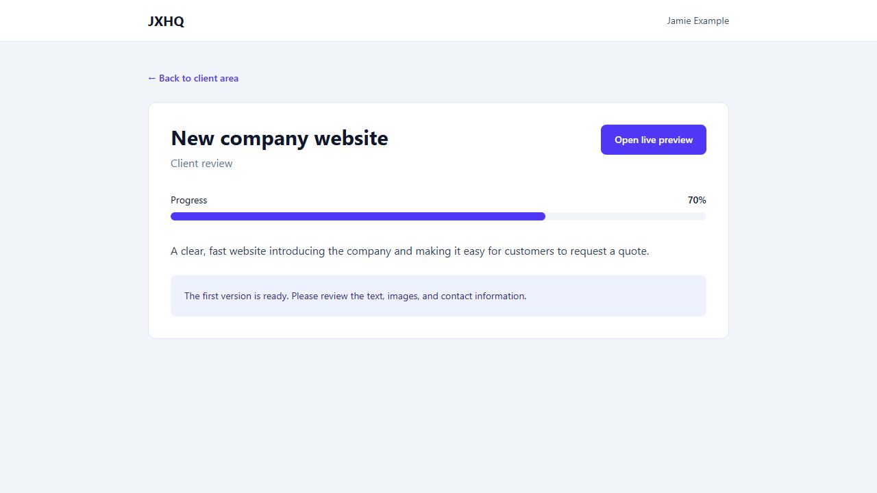 Example project progress and live preview button